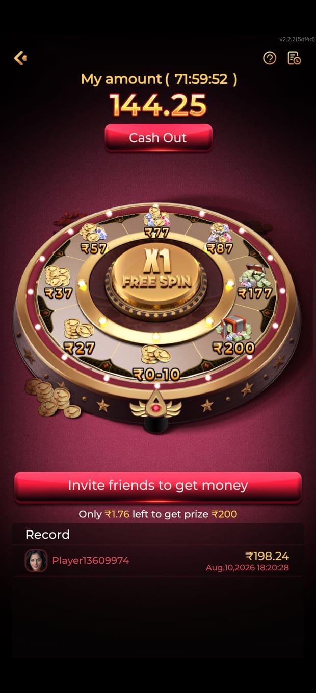 bonu7 game free spin wheel screen with a cash-out balance and prize segments